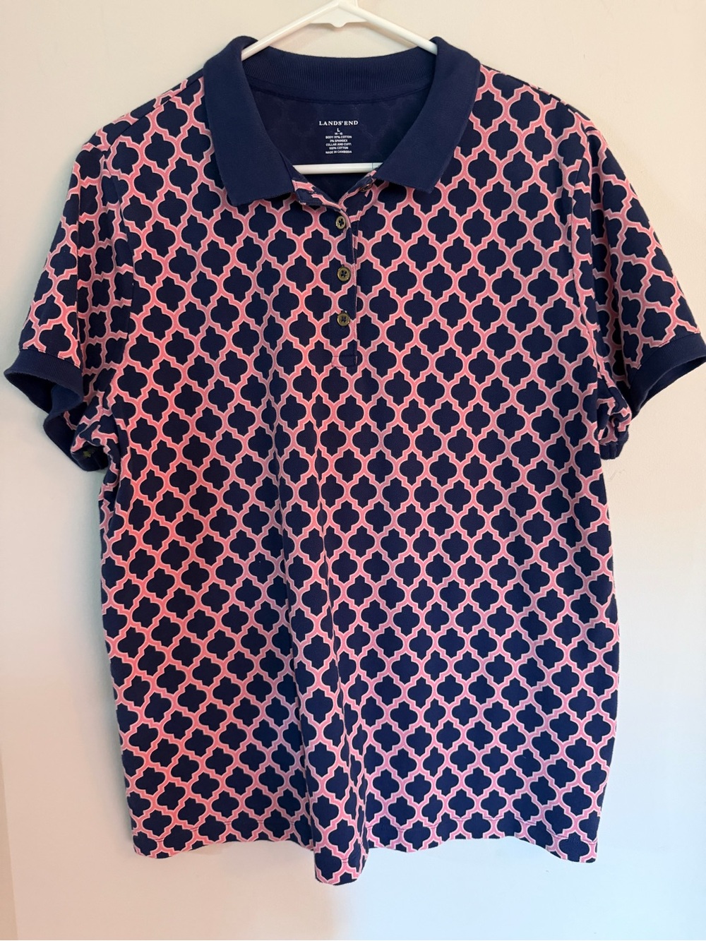 Lands' End Navy and Pink Geometric Moroccan Tile Polo Shirt